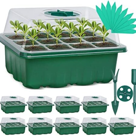 Sfee 10 Pack Seed Starter Tray Kit, 120 Cells Seedling Starter Trays with Humidity Dome and Base Greenhouse Growing Trays, Reusable Seed Germination Seedling Tray with Garden Tools Labels (Green)