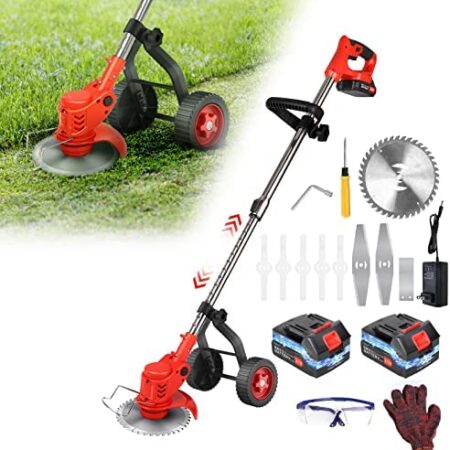 Electric Weed Wacker Battery Powered Brush Cutter, 2000mAh Battery Weed Eater With Wheel Cordless Grass Trimmer Lightweight, 3 IN 1 Small Push Lawn Mower Stringless Trimmer Edger Lawn Tool,2 Batteries
