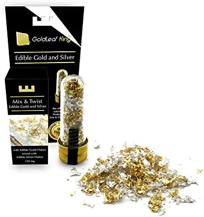 24K Edible Gold Flakes mixed with Edible Silver Flakes GoldleafKing - 120mg Bottle | 2 Tones Mix & Twist Series | All in one Solution Arts Decoration Food Cake | + Free 10 small gold leaf sheets