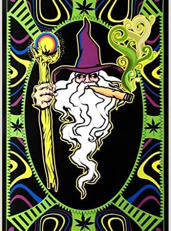 Wizard Smoking Joint Marijuana Pot Leaf Weed 420 Retro Vintage Aesthetic Room Stoner Room Decor Cool Psychedelic Trippy Hippie Decor UV Light Reactive Black Light Eco Blacklight Poster for Room 12x18