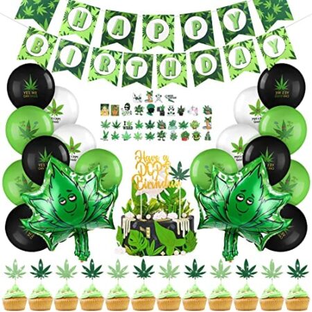 85 Pcs Weed Party Supplies Weed Themed Birthday Party Decorations Including Pot Leaves Birthday Banners Weed Shape Foil Balloon Weed CakeToppers Balloons Stickers for Adults Cannabis Birthday Party