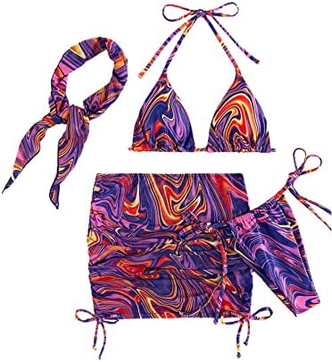 SOLY HUX Women's 4 Piece Swimsuits Triangle Bikini Bathing Suits with Mesh Beach Skirt & Bandana